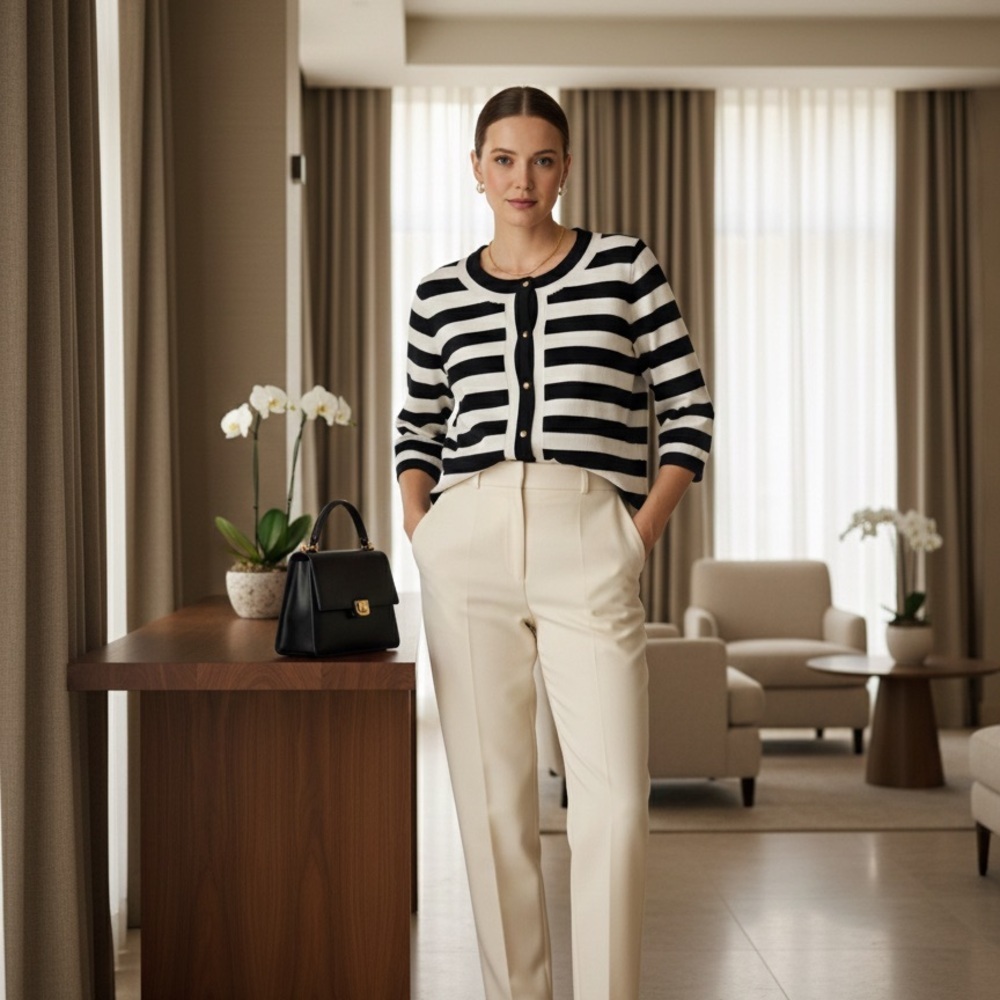VTG Hampshire Studio size L striped cardigan sweater quiet luxury classic